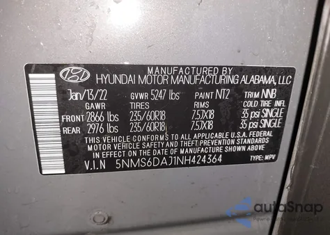 2022 Hyundai Santa Fe Xrt из США, поврежденный, VIN 5NMS6DAJ1NH424364